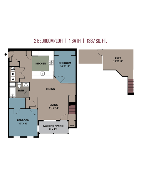 Floor plan for 2 beds, 1 bath, 1387 sqft